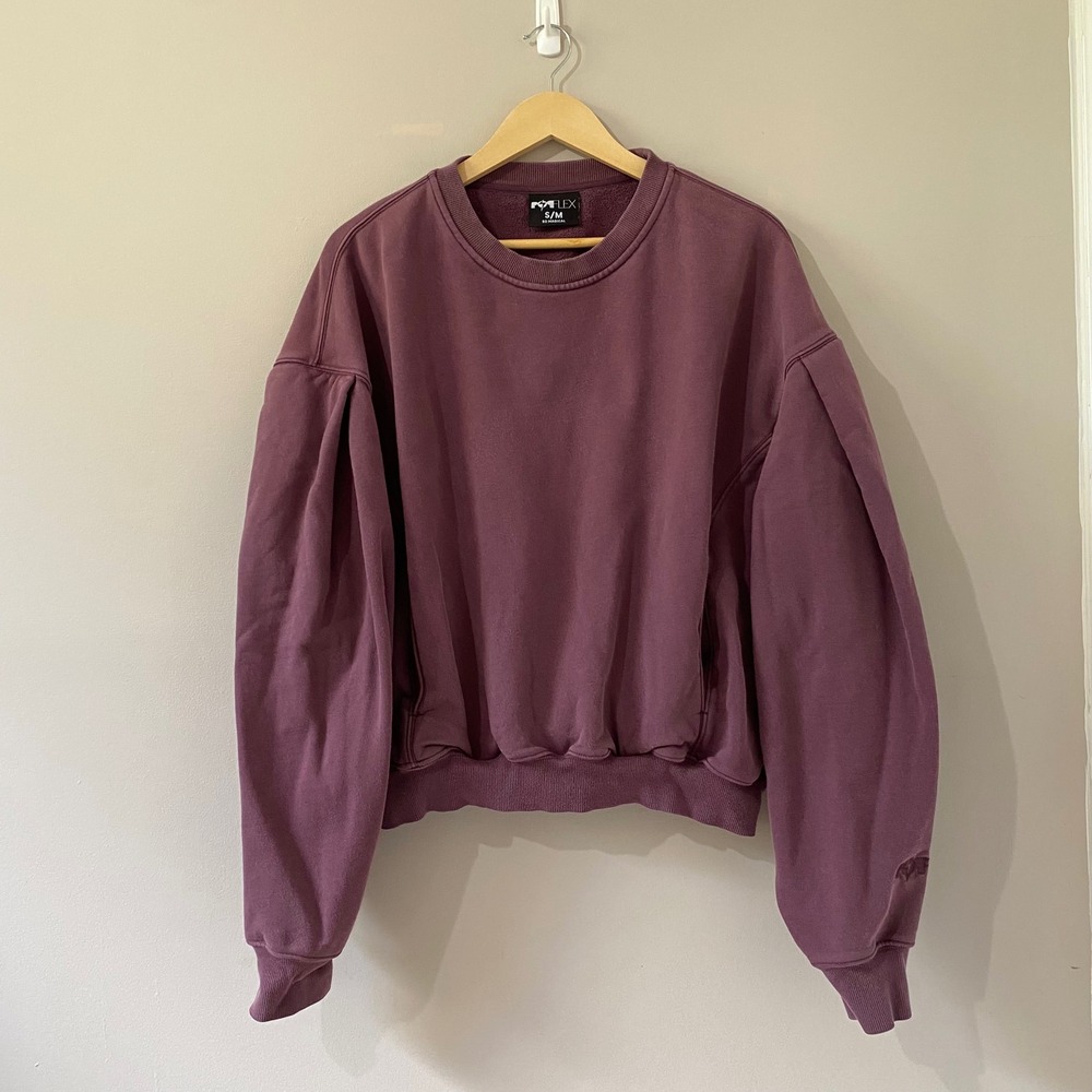 POPFLEX Active Cloud Crewneck Pullover Sweatshirt Plum Purple S/M Cropped Pocket
